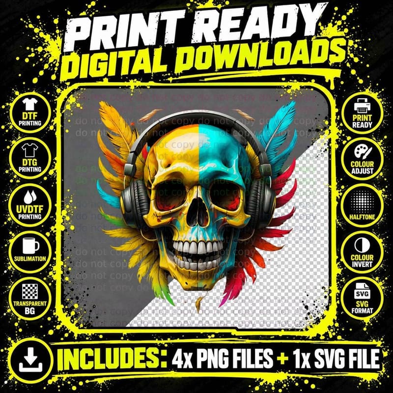 Skull Artwork, Skull Print Tee, Colorful Feather Skull Png SVG Digital Bundle