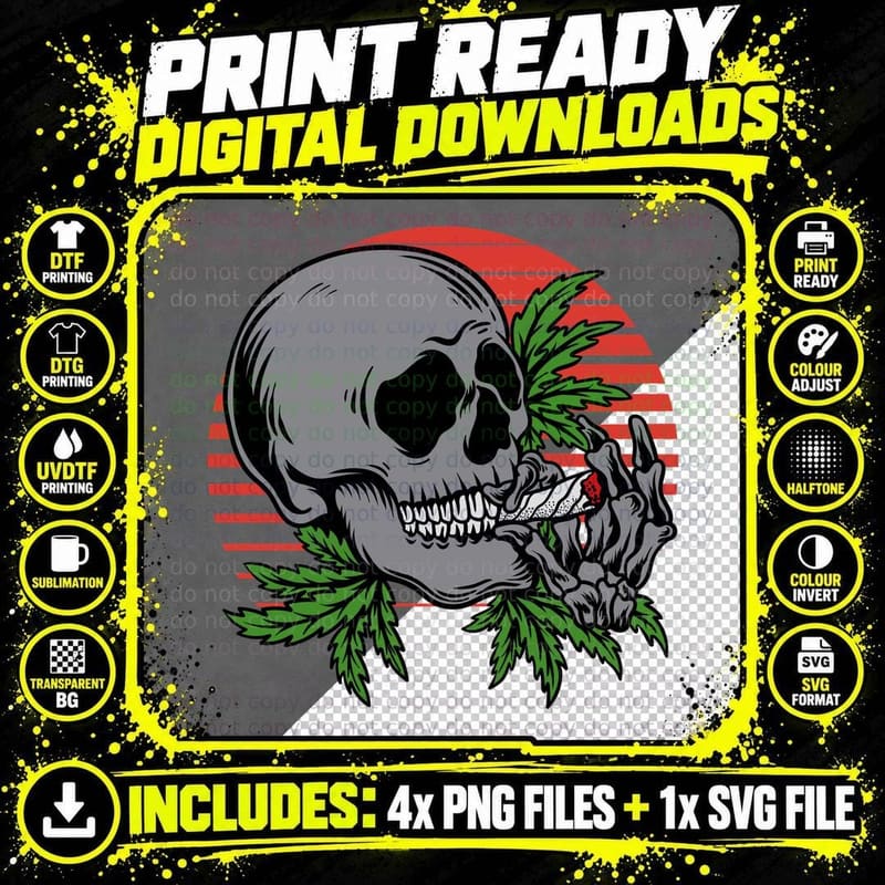 Skull Cannabis Marijuana Leaves Green Red Circle T-Shirt Png SVG Digital Bundle