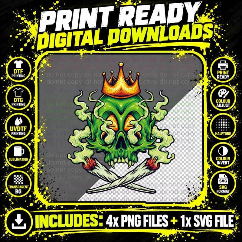 Skull Crown Reaper Green Wearing with Cannabis Leaves Png SVG Digital Bundle