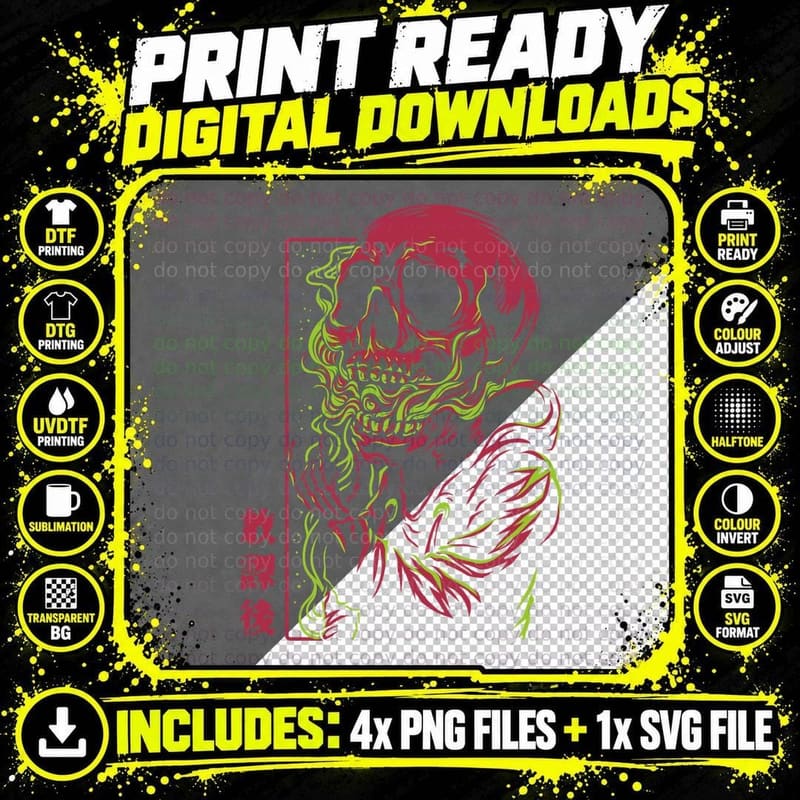 Skull Flames Red Yellow Neon Japanese T-Shirt Png SVG Digital Bundle