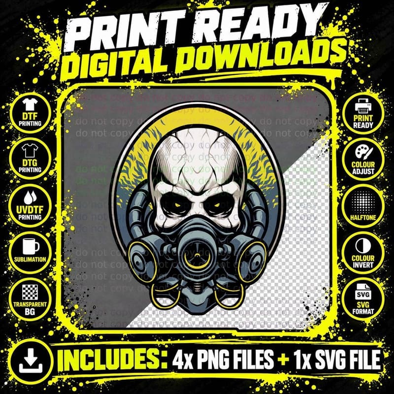 Skull Gas Mask Yellow Blue Poison Hazard T-Shirt Png SVG Digital Bundle