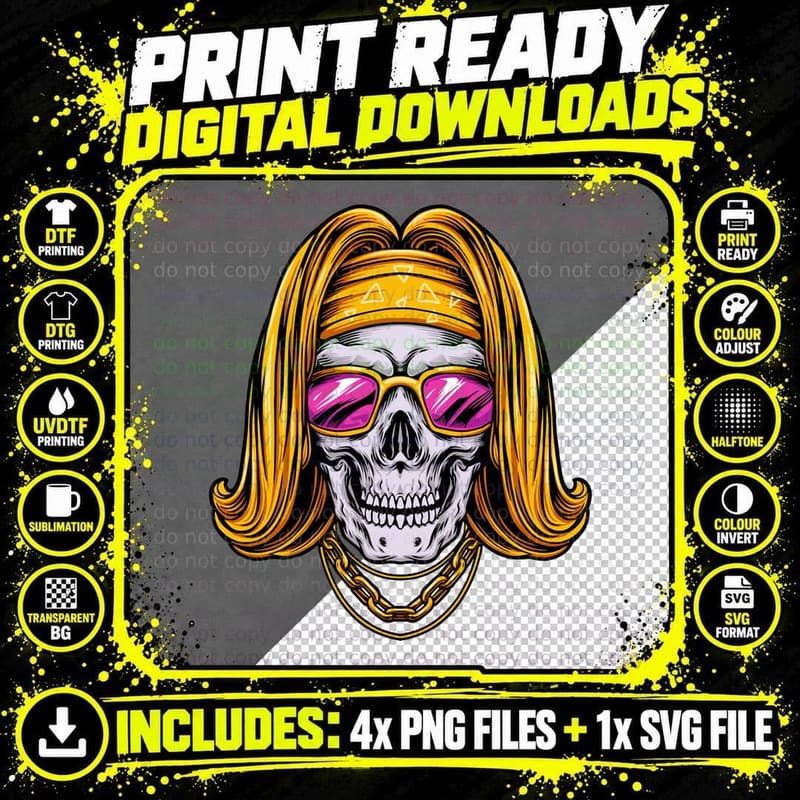 Skull Girl Y2k Blonde Hair Pink Sunglasses T-Shirt Png SVG Digital Bundle