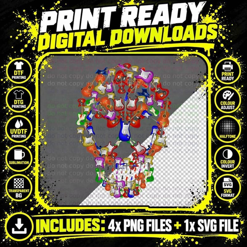 Skull Guitars T-Shirt, Musician Art, Rocker Style Png SVG Digital Bundle