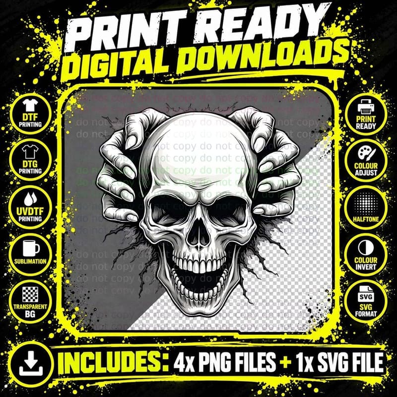 Skull Hands Breaking Through Detailed Illustration Png SVG Digital Bundle