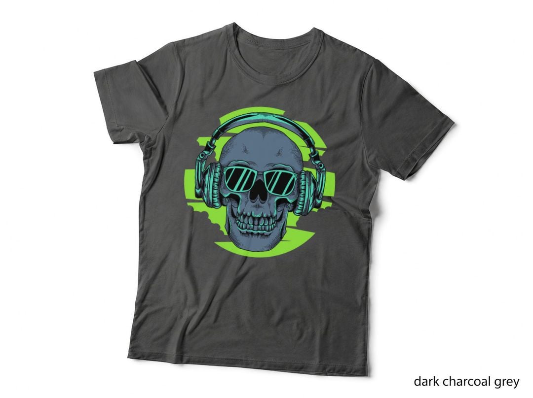 Skull Headphones Neon Green Cyan Glitch Electronic T-Shirt