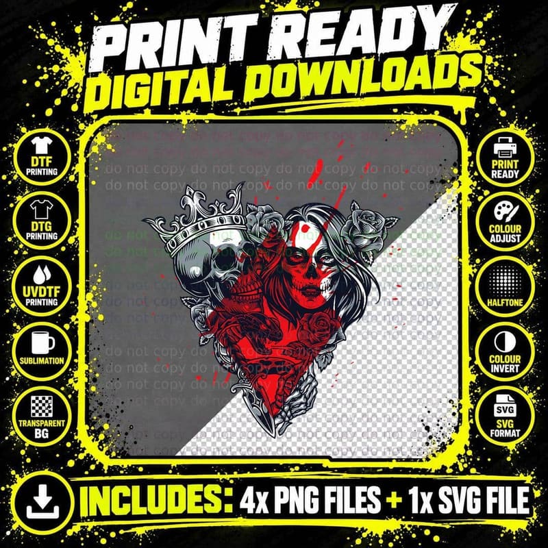 Skull King and Goth Catrina Queen of Diamonds Couple Png SVG Digital Bundle