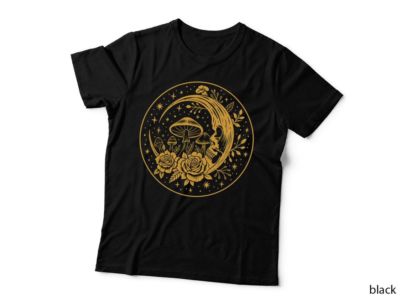 Skull Moon Mushrooms Roses T-Shirt Witchy Celestial Gothic Cottagecore Gift Tee