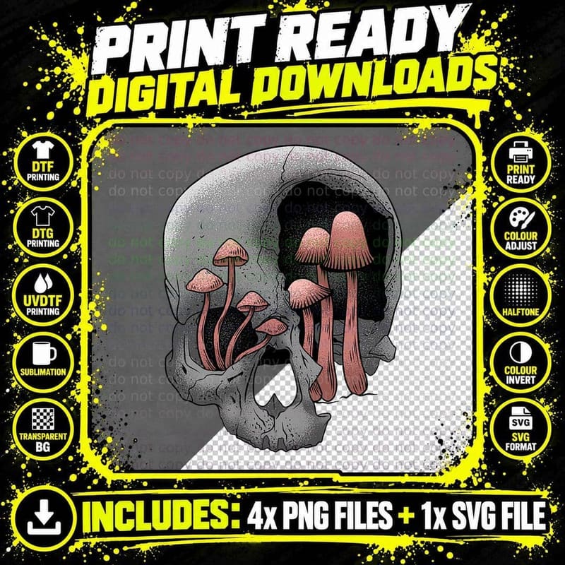 Skull Morel Mushrooms Mycologist Goth Mushroom Art Png SVG Digital Bundle