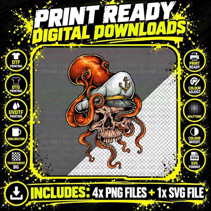 Skull Octopus Captain Nautical Pirate T-Shirt Png SVG Digital Bundle