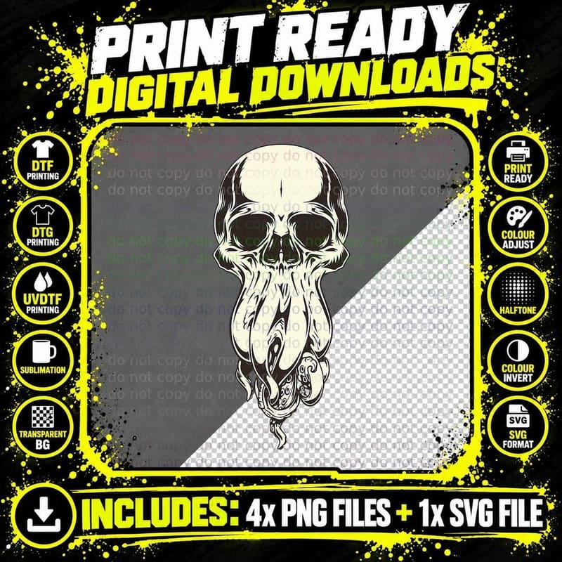 Skull Octopus Mythic Creature Weird Monster Cult Png SVG Digital Bundle