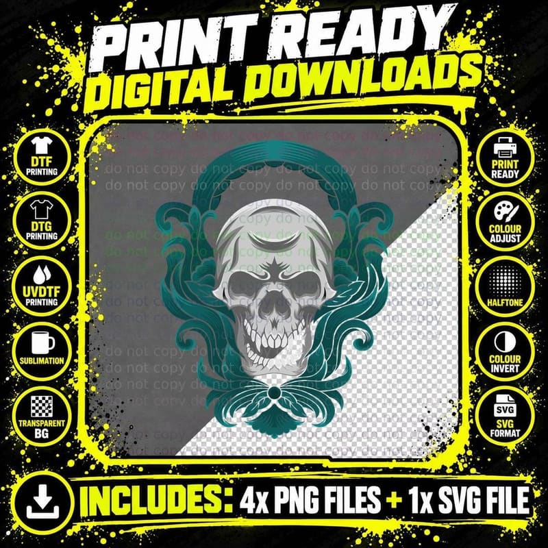Skull Ornament Ornate Decorative Teal Baroque Style Png SVG Digital Bundle