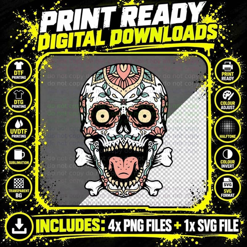 Skull Ornate White Gold Mouth Red Pink T-Shirt Png SVG Digital Bundle