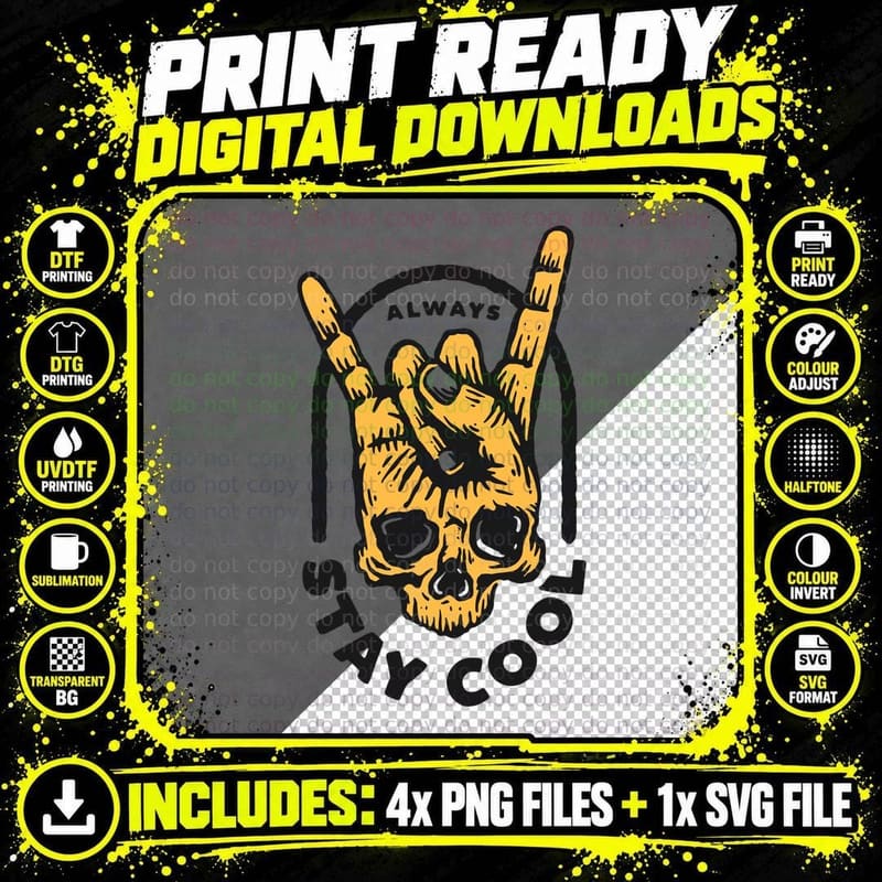 Skull Peace Always Stay Cool Yellow Gold Hand Png SVG Digital Bundle
