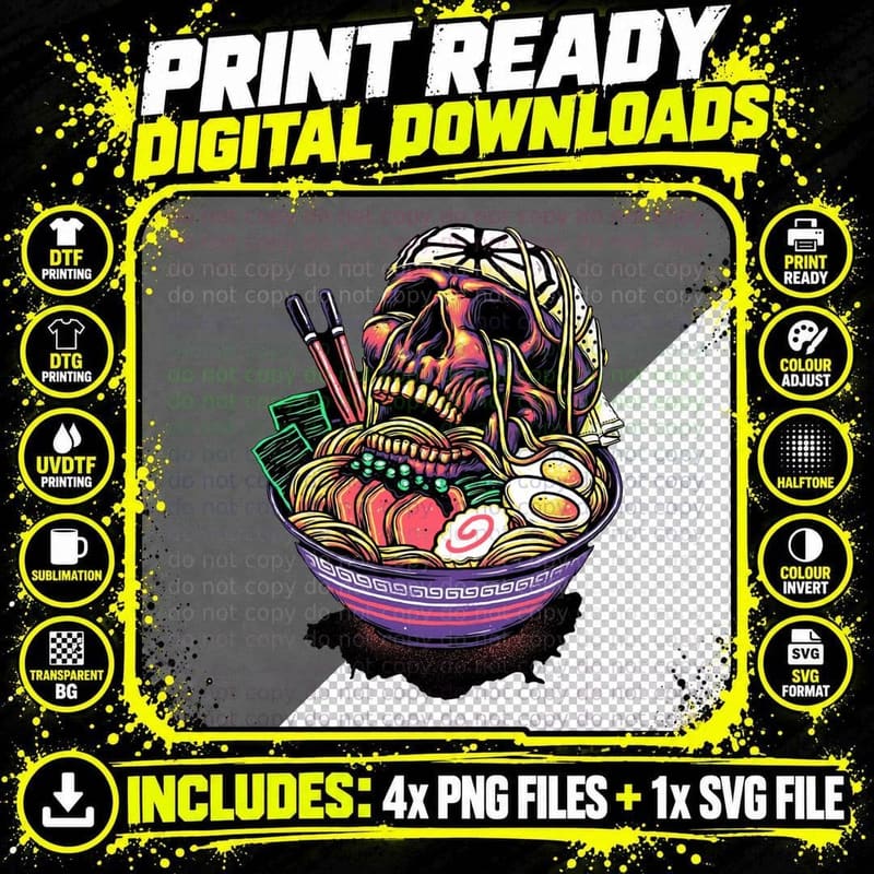 Skull Ramen, Skull, Ramen Noodles, Japanese Ramen Art Png SVG Digital Bundle
