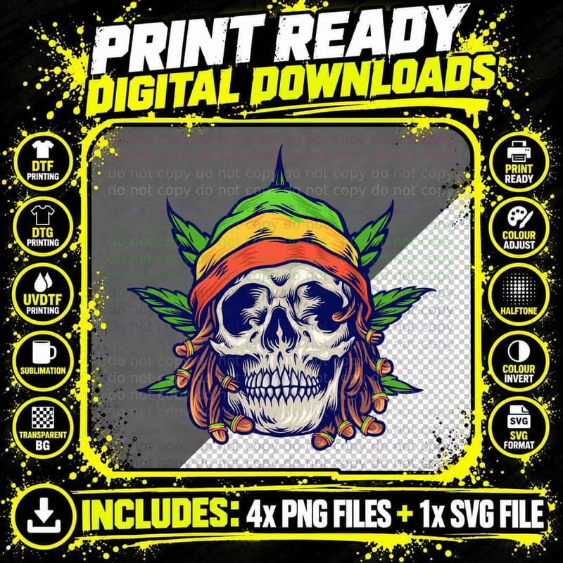Skull Reaper Beige with Orange Dreadlocks and Cannabis Png SVG Digital Bundle
