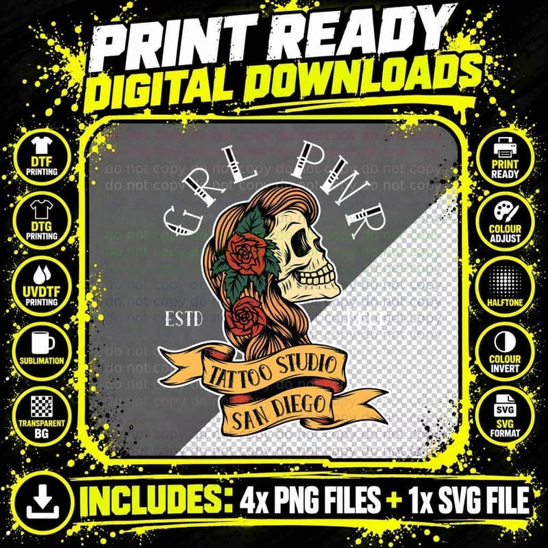 Skull Rose Tattoo Civil Peni Estd 1993 Studio San Diego Png SVG Digital Bundle