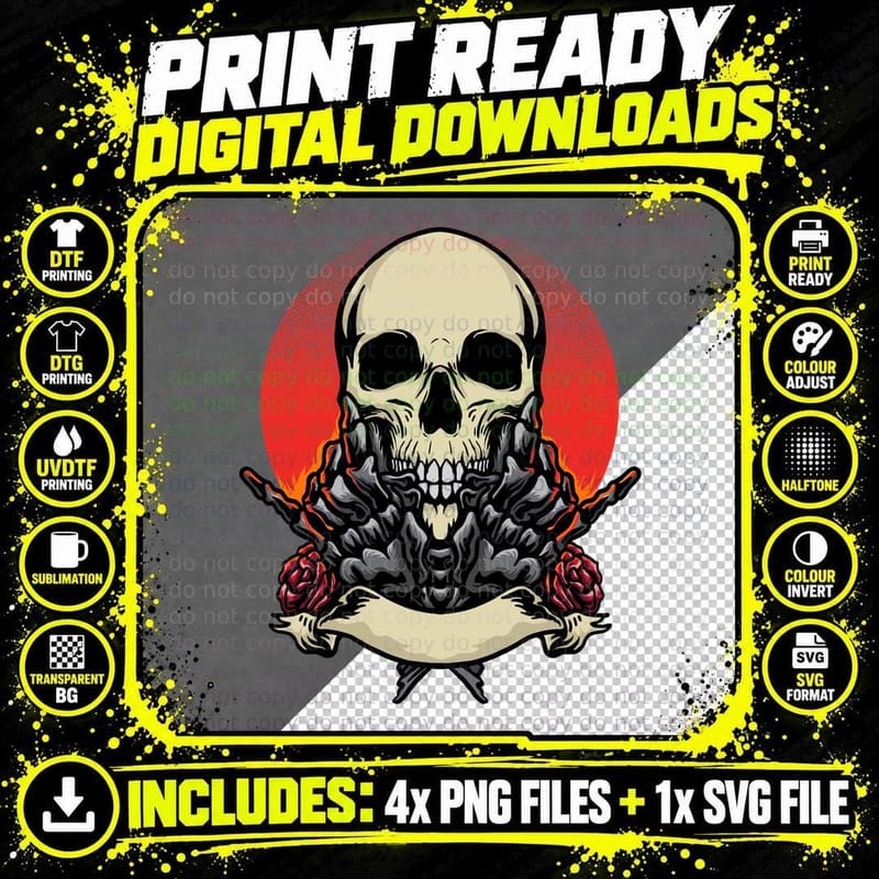 Skull Roses Beard Red Circle Romantic Gothic Elegant Png SVG Digital Bundle