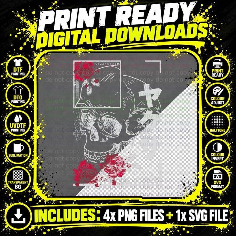 Skull Roses Goth Japanese Art T-Shirt Png SVG Digital Bundle