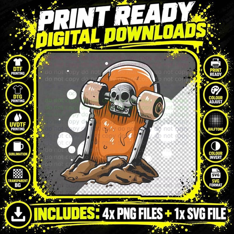 Skull Skateboard with Orange Headphones Music Street Png SVG Digital Bundle