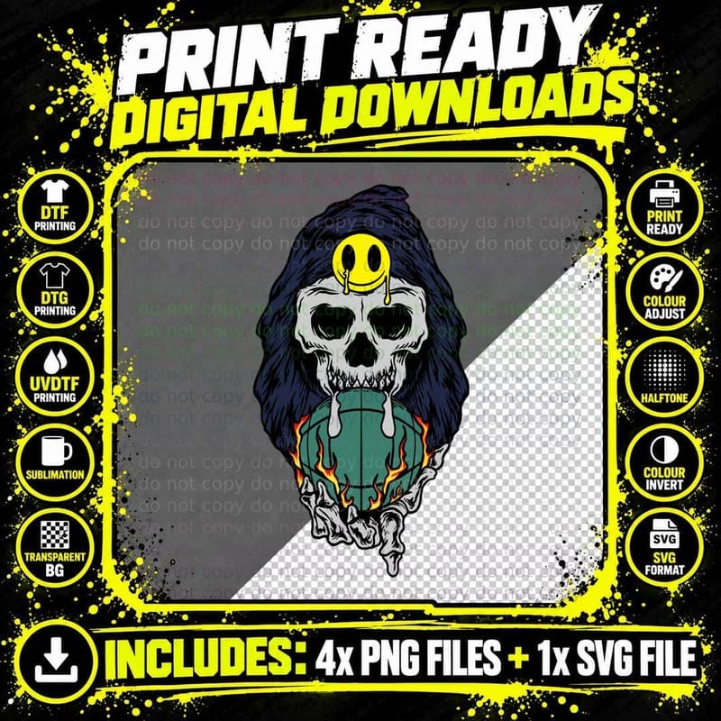 Skull Smiley Goth Dark Hair Yellow Face Gothic Green Png SVG Digital Bundle