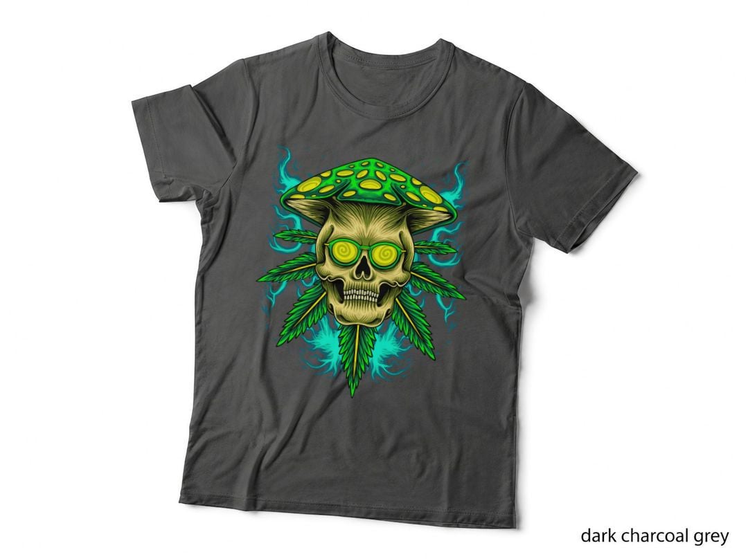 Skull Smoke Yellow with Cyan and Cannabis Leaves Minimalist T-Shirt