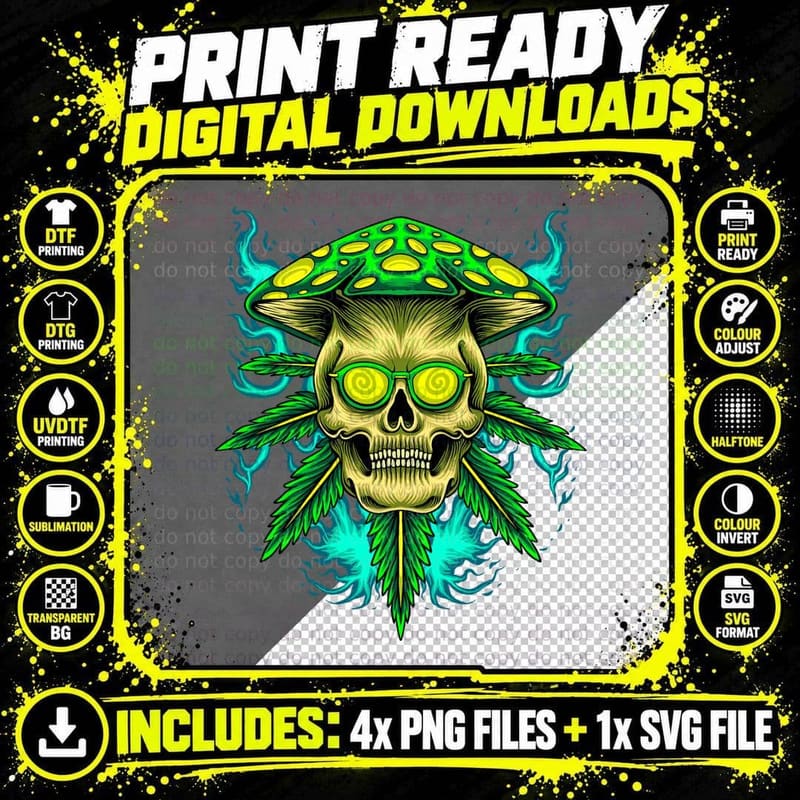 Skull Smoke Yellow with Cyan and Cannabis Leaves Png SVG Digital Bundle