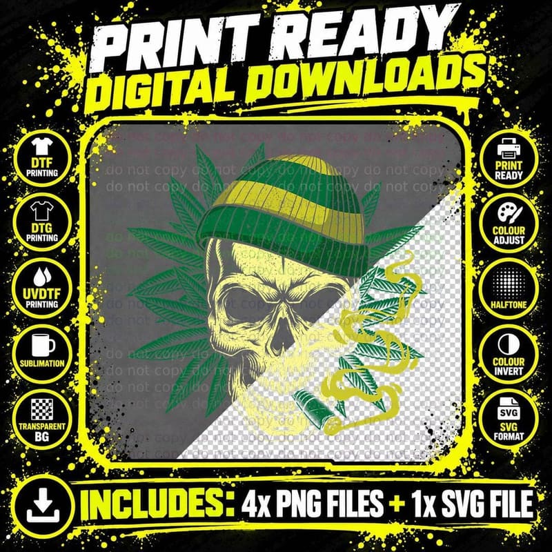 Skull Smoking Weed 420 Cannabis Marijuana Stoner Gift Png SVG Digital Bundle