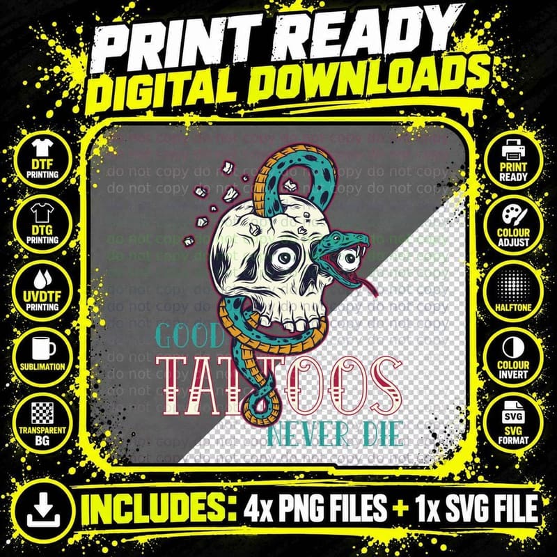 Skull Snakes Tattoos Never Die Tattoo Death T-Shirt Png SVG Digital Bundle
