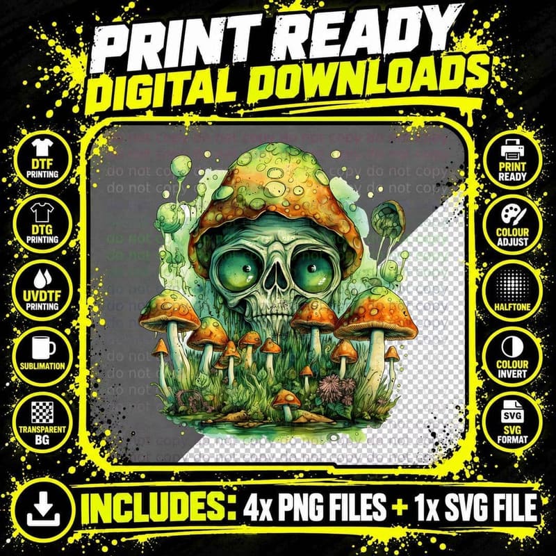 Skull Surrounded by Mushrooms Hippie T-Shirt Png SVG Digital Bundle