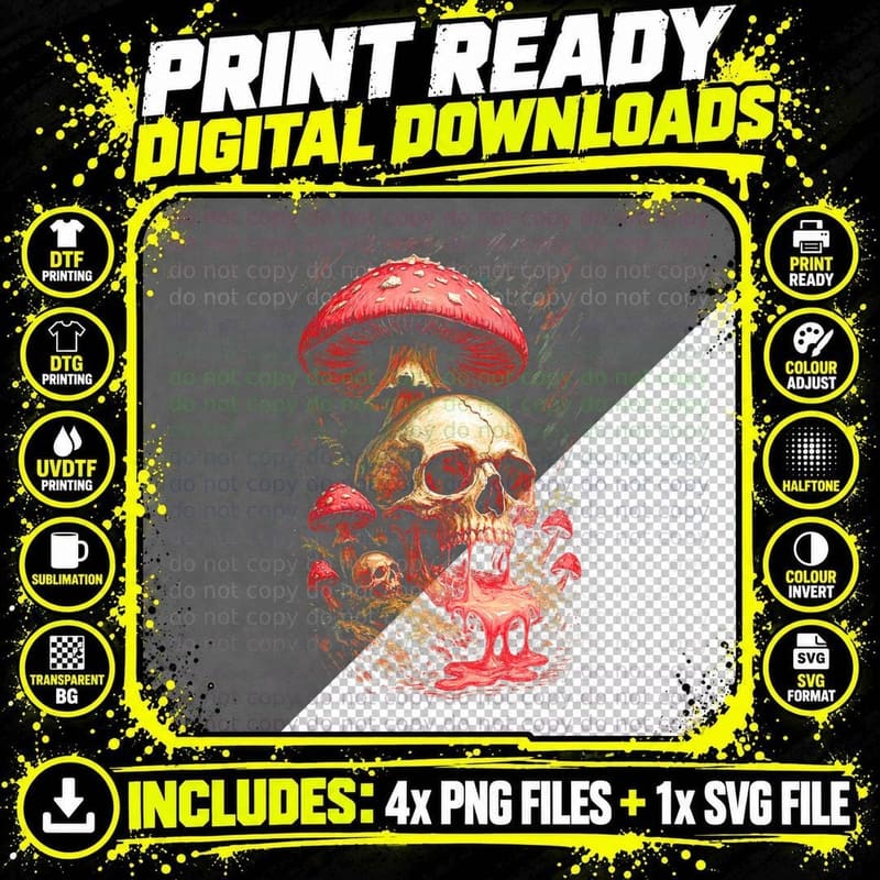Skull Toxic Mushroom Psychedelic T-Shirt Png SVG Digital Bundle