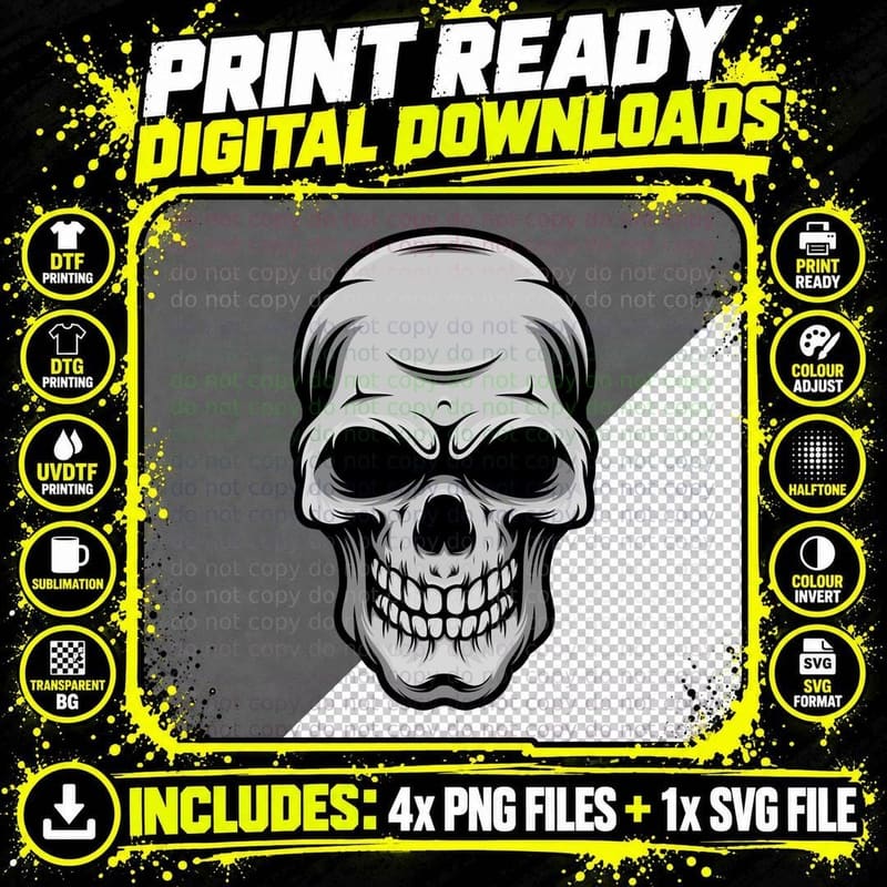Skull White Monochrome Death T-Shirt Png SVG Digital Bundle