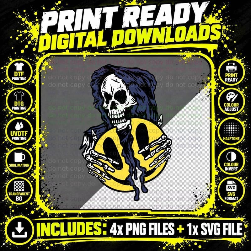 Skull Yin Yang Dark Hair Blue Yellow Mystical Balance Png SVG Digital Bundle