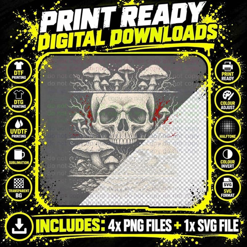 Skull and Mushrooms Panels T-Shirt Gothic Goblincore Png SVG Digital Bundle