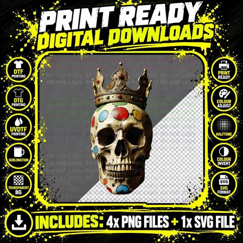 Skull with Colorful Dots Golden Crown T-Shirt Png SVG Digital Bundle