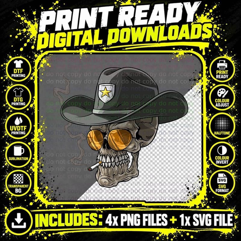 Skull with Cowboy Hat Cigar Sunglasses T-Shirt Png SVG Digital Bundle