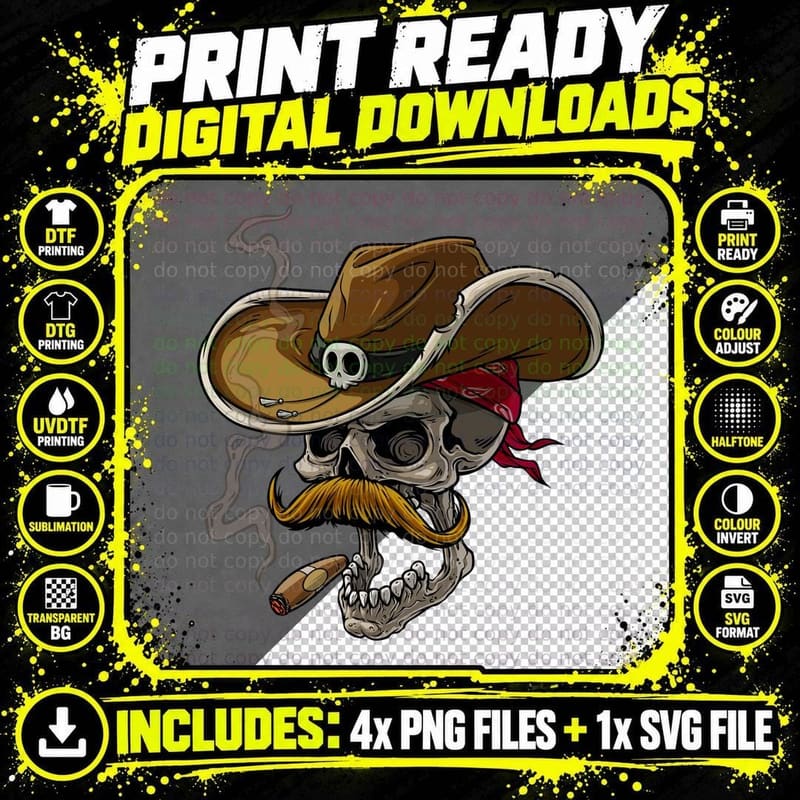 Skull with Cowboy Hat Cigar Western Sheriff T-Shirt Png SVG Digital Bundle