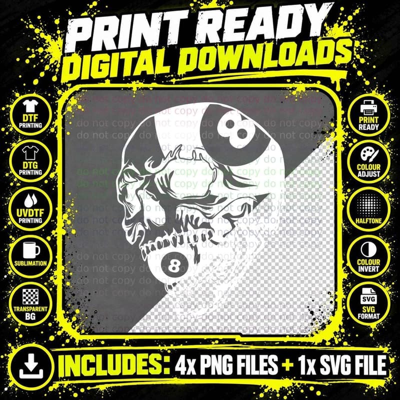 Skull with Eight-Ball Eyes Billiards T-Shirt Png SVG Digital Bundle