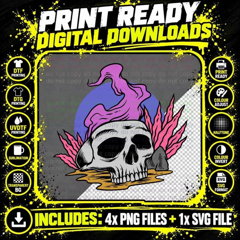 Skull with Flames Purple Pink Crystals Magic T-Shirt Png SVG Digital Bundle
