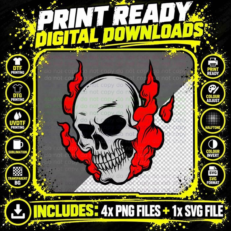 Skull with Flames with Red Fire Death T-Shirt Png SVG Digital Bundle
