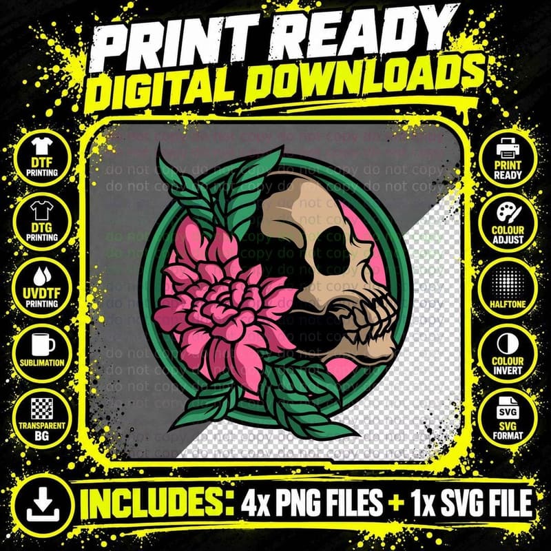 Skull with Flowers Pink Green Leaves Ornamental T-Shirt Png SVG Digital Bundle