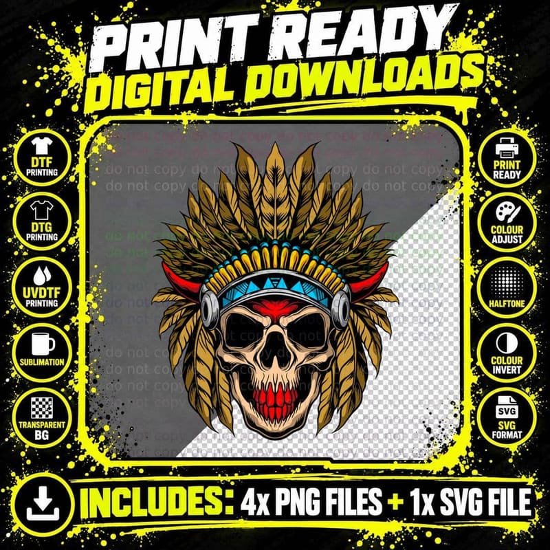 Skull with Headdress Native American Feathers Chief Png SVG Digital Bundle