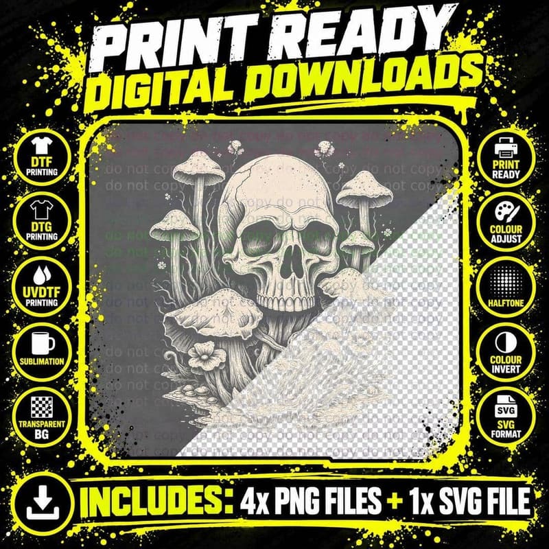 Skull with Mushrooms Line Art T-Shirt Goblincore Gothic Png SVG Digital Bundle