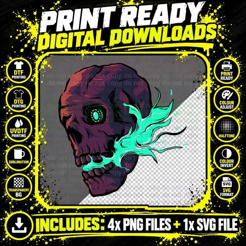 Skull with Neon Cyan Flames Cyberpunk Illustration Png SVG Digital Bundle