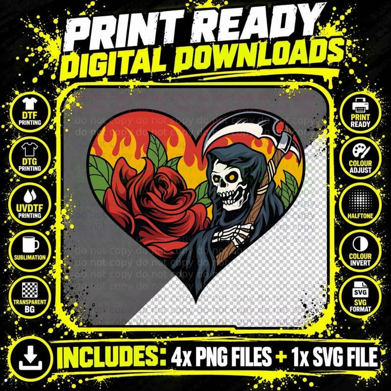 Skull with Rose Heart Flames Romance Goth T-Shirt Png SVG Digital Bundle