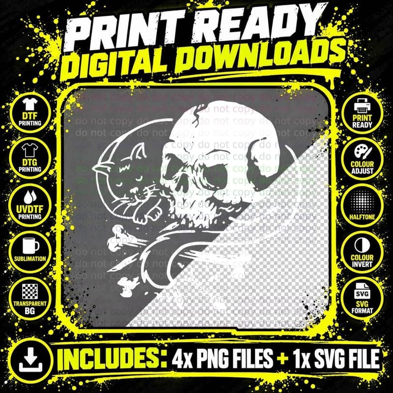 Skull with Snake White with Bones Monochrome T-Shirt Png SVG Digital Bundle