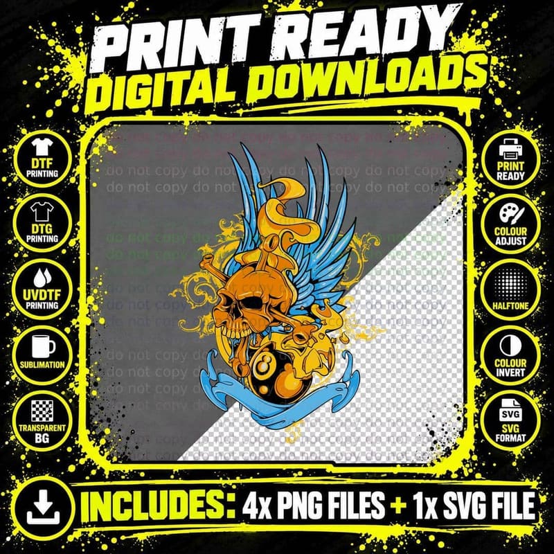 Skull with Wings Ornate Gold Blue T-Shirt Png SVG Digital Bundle