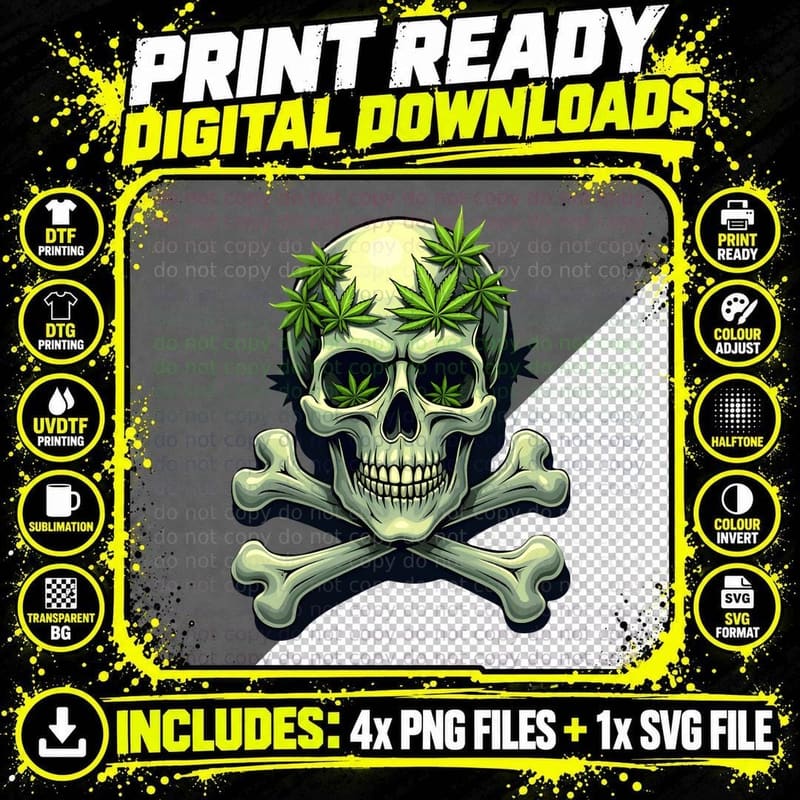 Smiling Cannabis Skull and Crossbones with Leaves Stoner Png SVG Digital Bundle