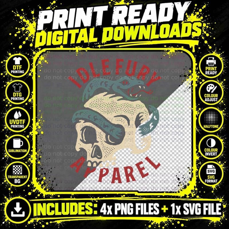 Snake & Skull Tattoo Art T-Shirt, Gothic Tattoo Style Png SVG Digital Bundle