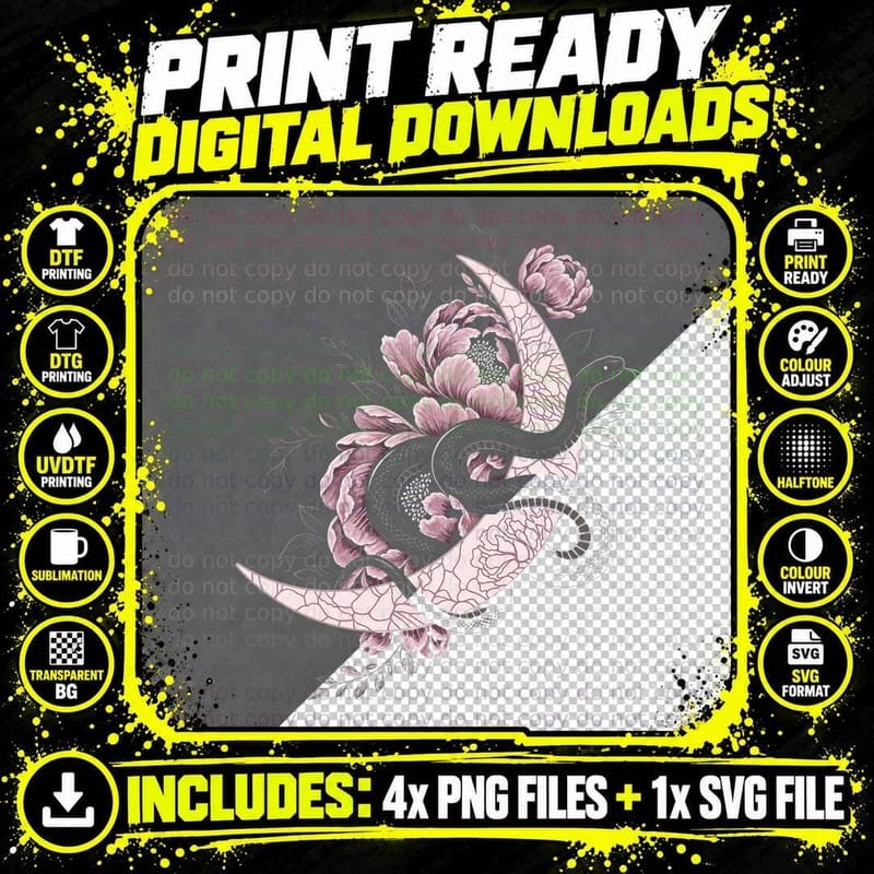 Snake Moon Peony Pink T-Shirt Witchy Celestial Occult Png SVG Digital Bundle