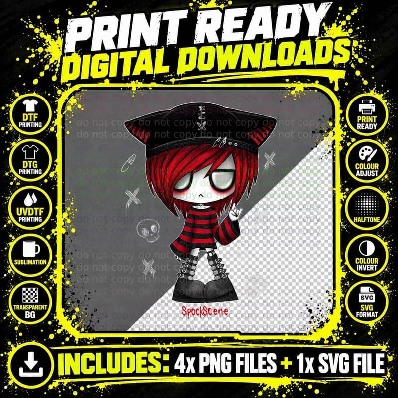 Spookscene Edgy Kitty Hat Scene Kid Emo Alt Goth Red Png SVG Digital Bundle